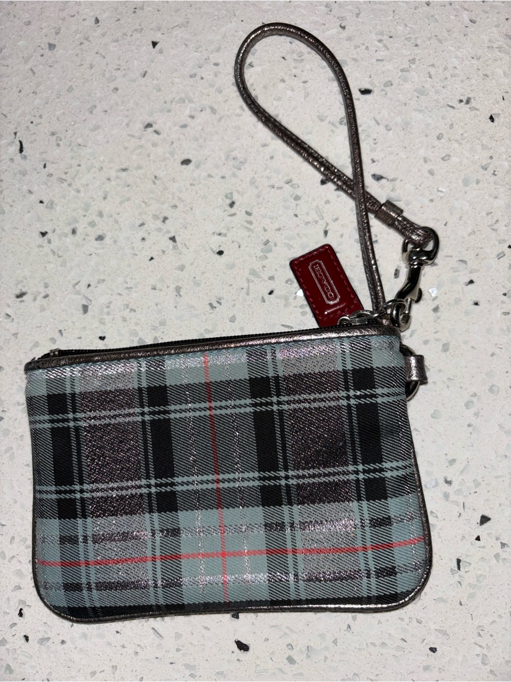 Coach Plaid Poppy Patch Wristlet in Gray and Brown New - Picture 3 of 5